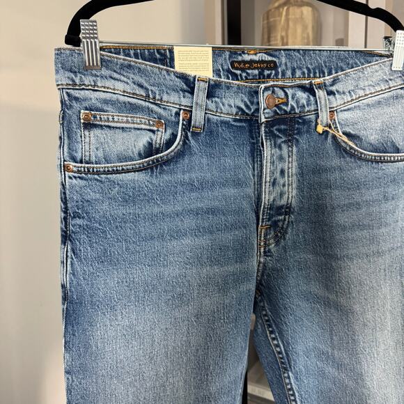 Nudie Solid Ollie Slim Fit Worn Vintage Straight Leg Jeans 36x32 NEW Blue Denim - Picture 4 of 9